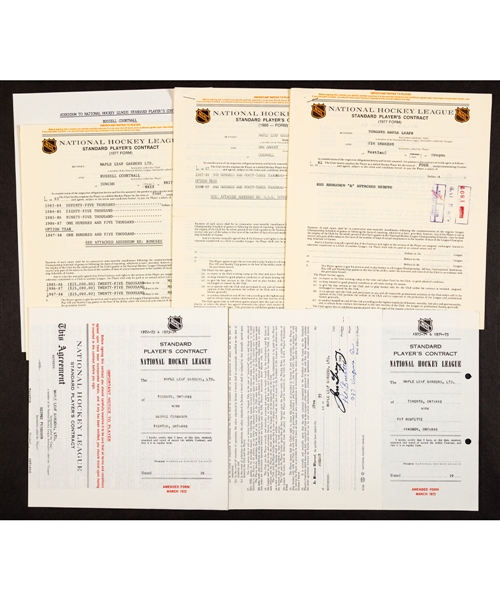 Toronto Maple Leafs 1970s/1980s Official NHL Players Contract Collection of 5 (Courtnall, Boutette, Daoust, Benning and Ferguson) Including Deceased HOFers Jim Gregory and Punch Imlach Signatures