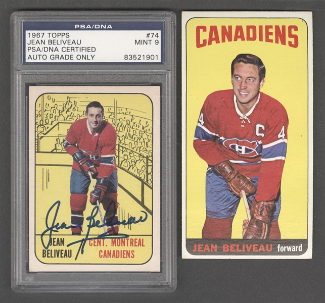 1964-65 Topps Hockey Card #33 HOFer Jean Beliveau and 1967-68 Topps Hockey Card #74 HOFer Jean Beliveau Signed Card - PSA/DNA Certified