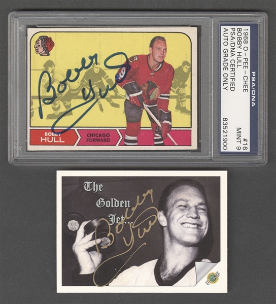 1968-69 O-Pee-Chee Signed Hockey Card #16 HOFer Bobby Hull (PSA/DNA Certified) Plus Signed 1991-92 Ultimate Hockey Card