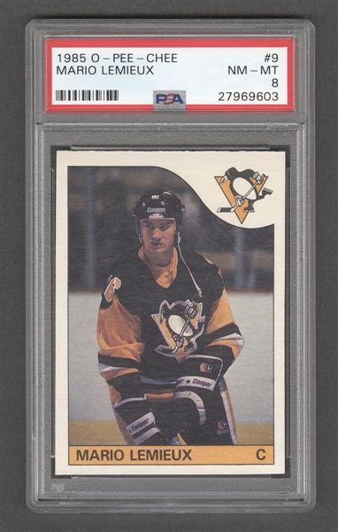 1985-86 O-Pee-Chee Hockey Card #9 HOFer Mario Lemieux Rookie - Graded PSA 8