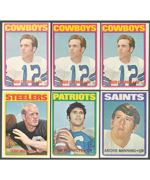 1972 Topps Football Card Collection of 650+ Including Rookie Cards of Roger Staubach (4), Manning (3), Joiner (4) and Thomas (6) and Cards of Bradshaw (4), Unitas (6) and Simpson (7)