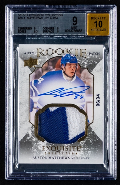 2016-17 Upper Deck The Cup Exquisite Collection Hockey Card #80 Auston Matthews Autographed Rookie Patch RPA (06/34) - Graded Beckett 9