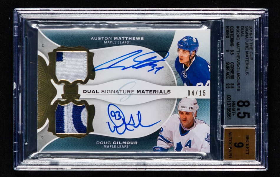 2016-17 Upper Deck The Cup Dual Signature Materials Hockey Card #S12-AD Auston Matthews & Doug Gilmour (4/15) - Graded Beckett 8.5