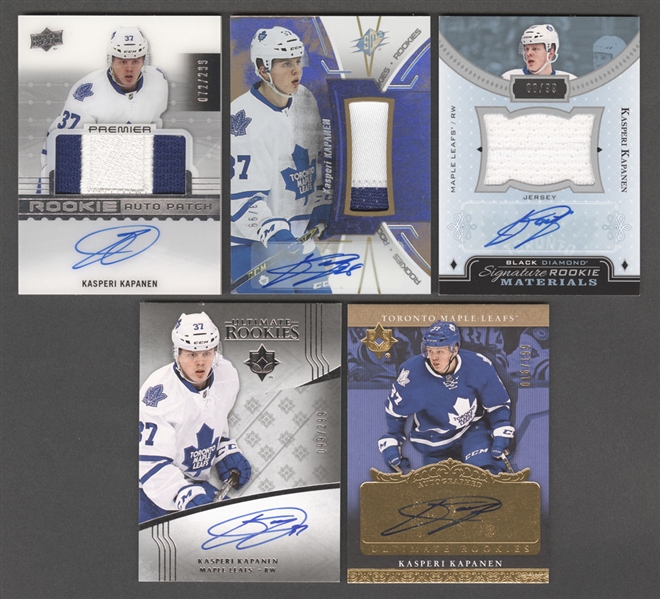 Kasperi Kapanen 2016-17 Hockey Cards (5) Including 2016-17 Upper Deck Premier #82 RPA (072/299) and 2016-17 Upper Deck SPx #R-KK Auto Rookies (53/99)