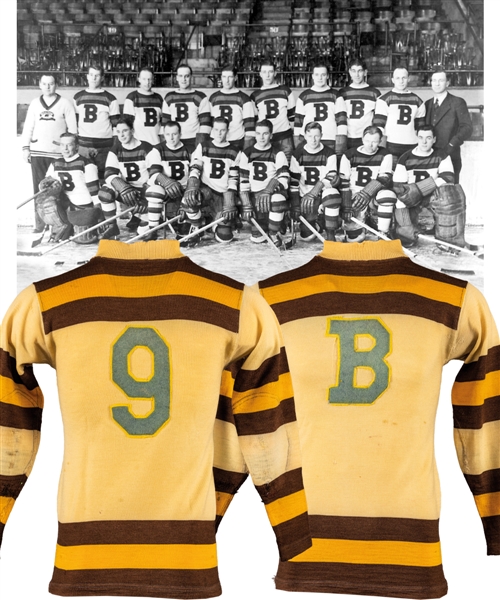 Harry Olivers 1933 Boston Bruins Game-Worn Wool Jersey with LOA - Team Repairs!