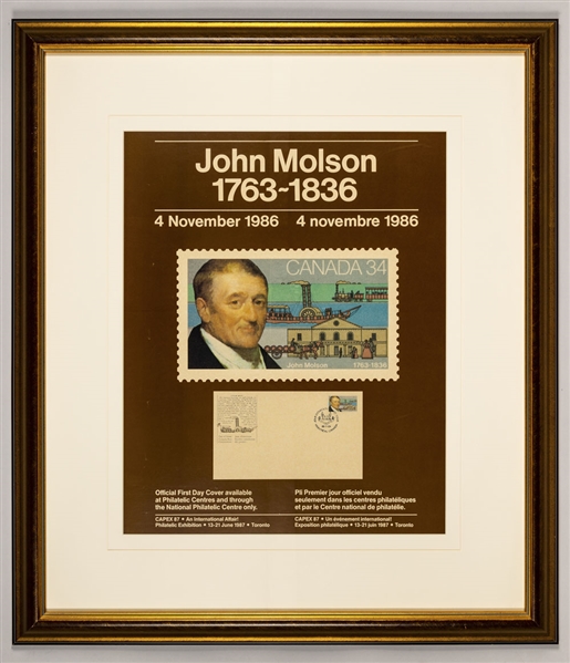 John Molson 1986 Canada Post First Day Cover Advertising Framed Display from the Montreal Canadiens Archives (27” x 30 ½”) 