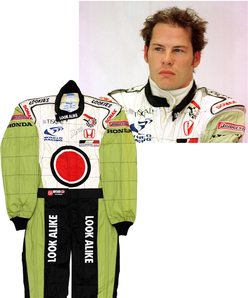 Jacques Villeneuves 2001 Lucky Strike BAR Honda F1 Team Signed Race-Worn Suit (Look Alike Sponsorship) with His Signed LOA