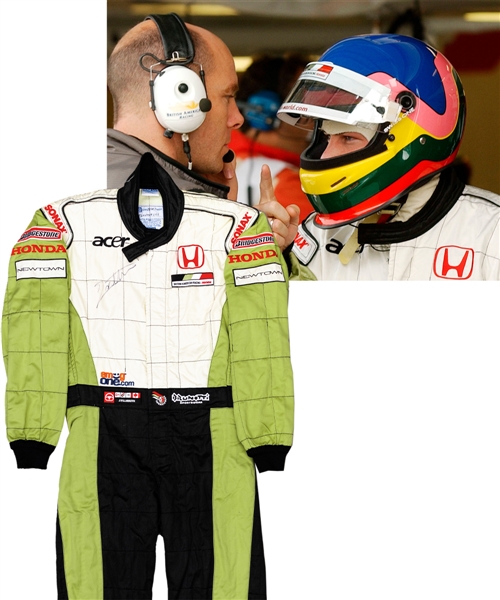 Jacques Villeneuves 2002 Lucky Strike BAR Honda F1 Team Signed Test/Practice-Worn Suit (No Sponsorship) with His Signed LOA