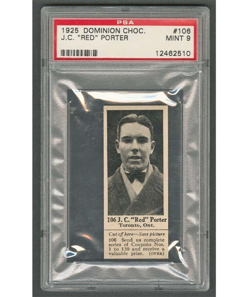 1925 Dominion Chocolate #106 John "Red" Porter (with Tab) - Graded PSA 9 - Highest Graded