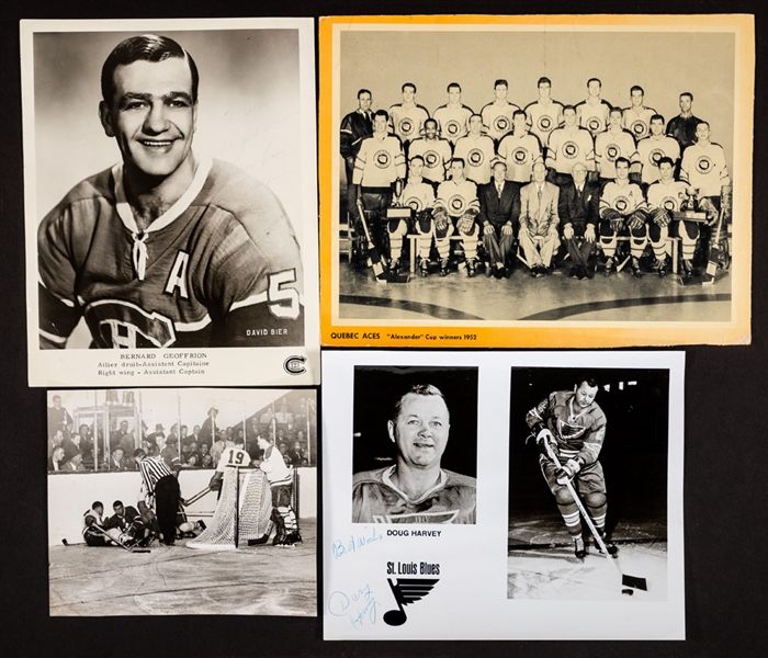 Doug Harvey and Boom Boom Geoffrion Signed Photos Plus 1952 CCM Matched Set Skates Advertising Display Quebec Aces Panel 