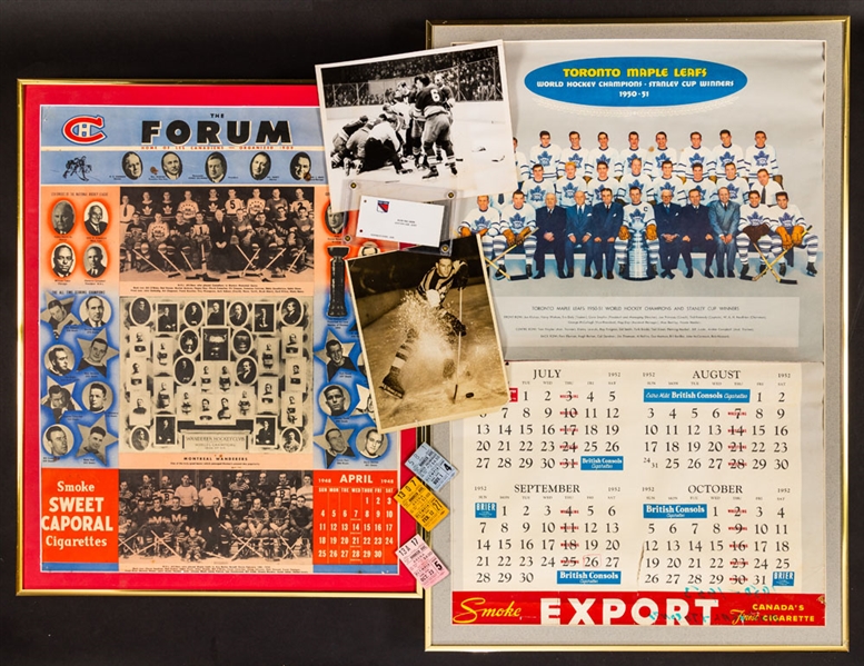Vintage 1930s to 1970s Hockey Memorabilia Collection of 24 including Montreal Forum and Maple Leaf Gardens Framed Calendar Pages 