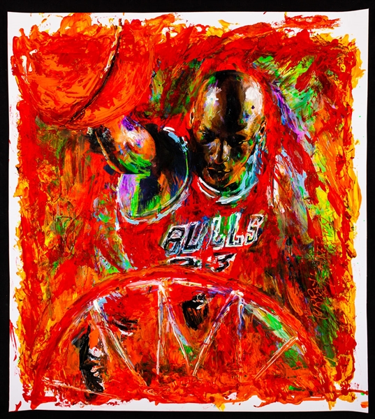 Michael Jordan “The Slamming Bull” Original Painting on Canvas by Renowned Artist Murray Henderson (27” x 30”)