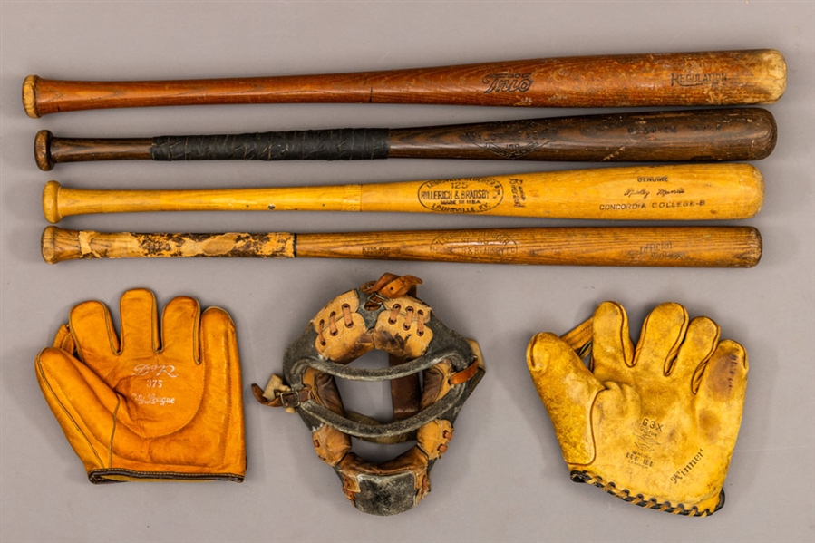 Vintage 1920s to 1970s Baseball Equipment Collection (10) with Mickey Mantle and Joe Medwick Bats 