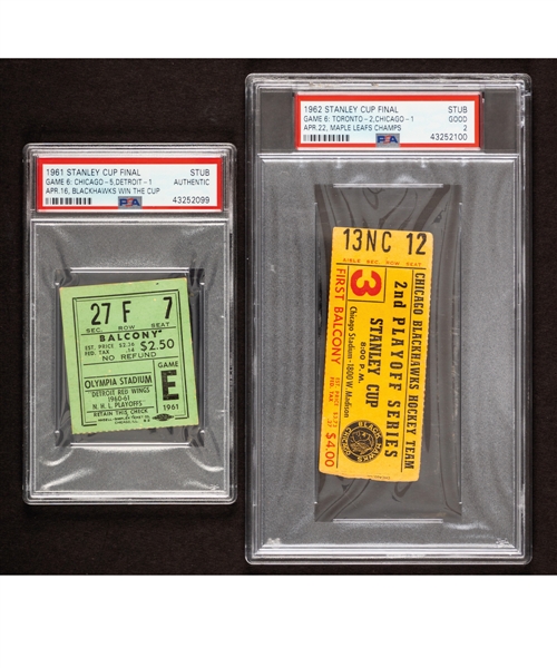 1961 Stanley Cup Finals (Chicago vs Detroit) and 1962 Stanley Cup Finals (Toronto vs Chicago) Stanley Cup-Clinching Games 6 PSA-Graded Ticket Stubs (2)