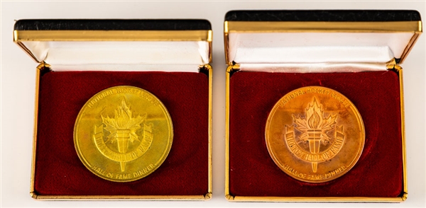 1982 and 1983 Hockey Hall of Fame Dinner Medallions in Cases - Dryden! Hull! Gilbert! Mikita!