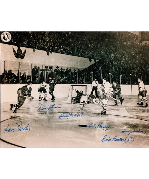 Multi-Signed Leafs/Canadiens Photo of Bill Barilkos Famous 1951 Goal with LOA (11” x 14”)