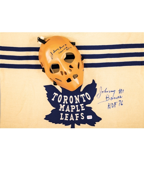 Johnny Bower Toronto Maple Leafs Signed Collection of 4 including Vintage-Style Replica Goalie Mask, Jersey, Photo and Puck with LOA 