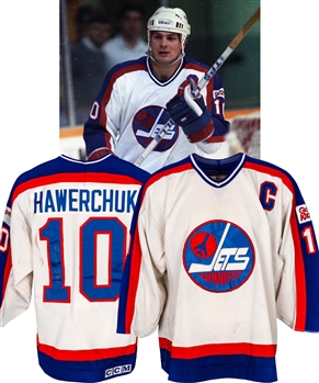 Dale Hawerchuks 1989-90 Winnipeg Jets Signed Game-Worn Captains Jersey with Family LOA - Goals for Kids Patch! - Nice Game Wear! - Photo-Matched!
