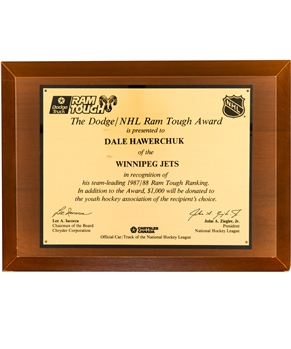 Dale Hawerchuks 1987-88 Winnipeg Jets Dodge/NHL Ram Tough Award Trophy Plaque with Family LOA (11" x 15")