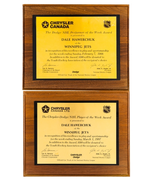 Dale Hawerchuks 1986-87 and 1987-88 Winnipeg Jets Chrysler-Dodge/NHL Player of the Weeks Trophy Plaques (2) with Family LOA