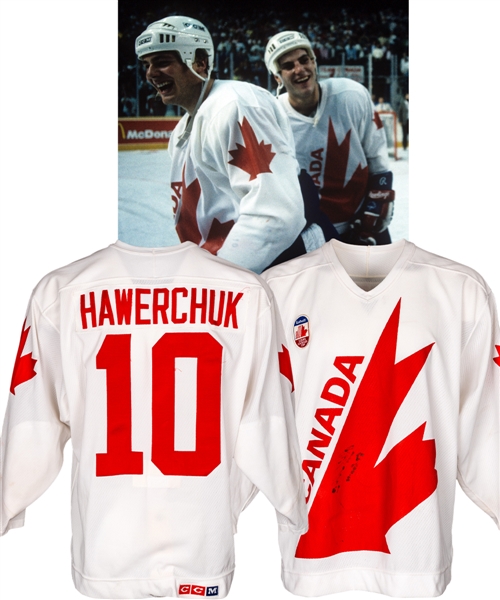 Dale Hawerchuks 1987 Canada Cup Team Canada Signed Game-Worn Jersey with Family LOA - Photo-Matched!