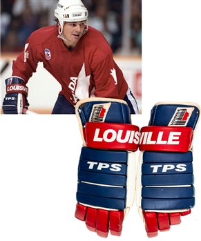 Dale Hawerchuks 1991 Canada Cup Team Canada Louisville Game-Used Gloves with Family LOA - Photo-Matched!