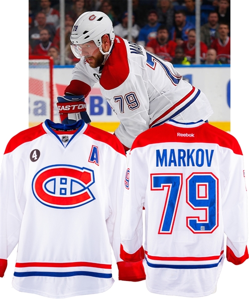Andrei Markovs 2014-15 Montreal Canadiens Game-Worn Alternate Captains Jersey with LOA - Beliveau Memorial Patch!