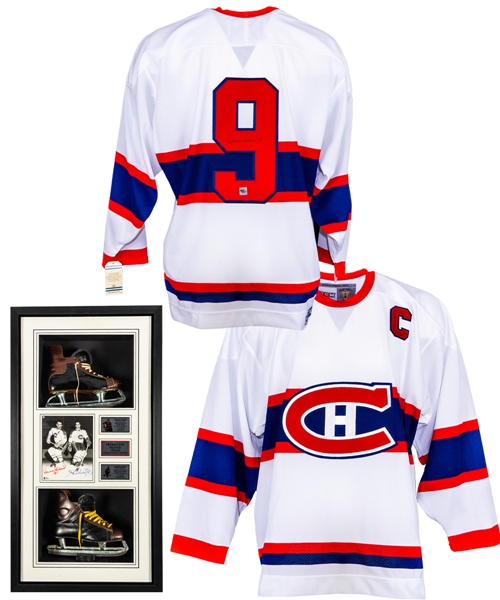 Maurice Richard Signed Montreal Canadiens Captains Jersey with COA Plus Richard Bros Dual-Signed Photo Framed Display with Vintage Signature Model Skates