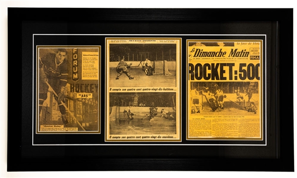 Maurice Richard Signed "325th, 498th, 499th, 500th Goals" Framed Display, Signed Hockey Stick and Picture Plus Memorabilia