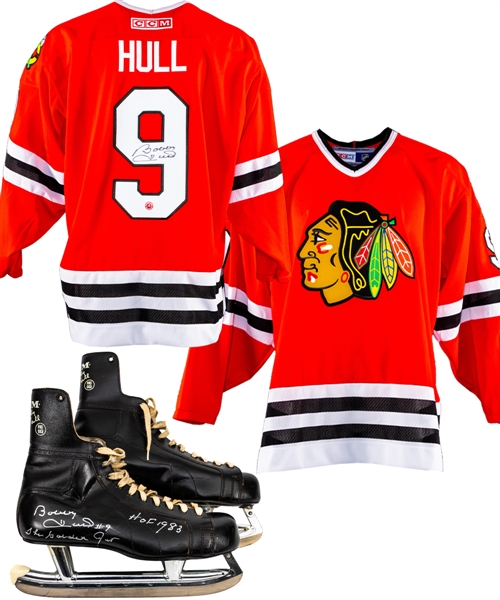 Bobby Hull Signed Chicago Black Hawks Jersey, Signed Vintage Signature Model Skate, Signed Stick and Signed Framed Photos (2)