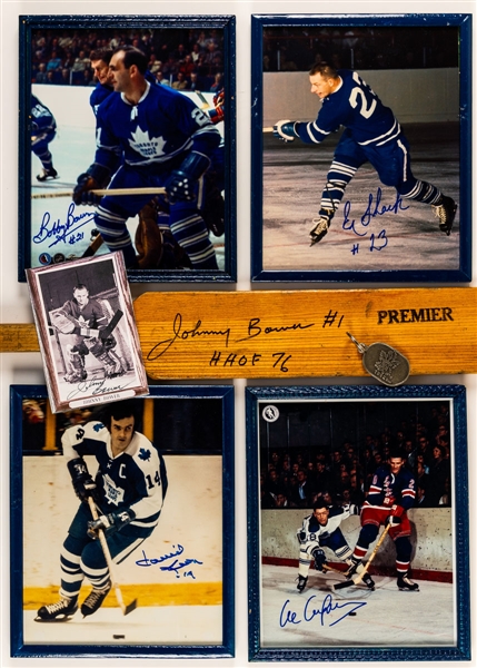 Toronto Maple Leafs Autograph Collection of 12 Including Johnny Bower Signed Vintage Goalie Stick and Signed Framed Photos