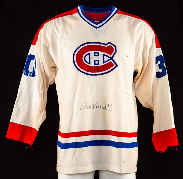 Rogatien Vachon and Michel Larocque Collection of 7 Including Vachon Signed Montreal Canadiens Jersey and Larocque Titan Game-Used Stick