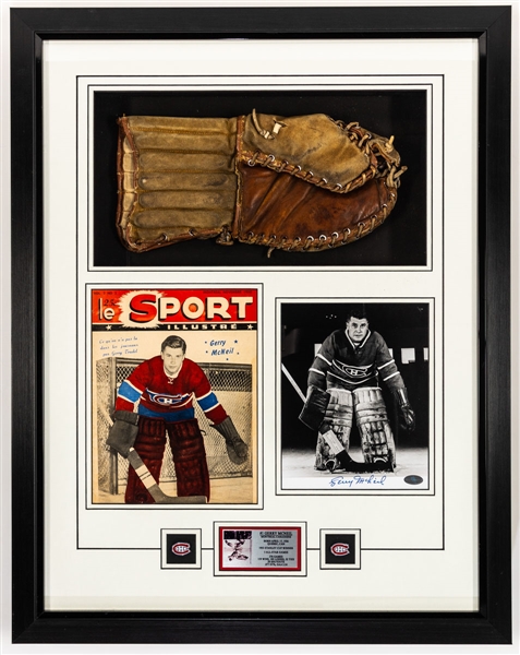 Montreal Canadiens Goalies Collection of 9 Including Gerry McNeil Signed Framed Display with Vintage Goalie Glove (26” x 33”) Plus Worsley, Hodge, Myre, Sevigny, Herron and Roy Signed & Framed Photos