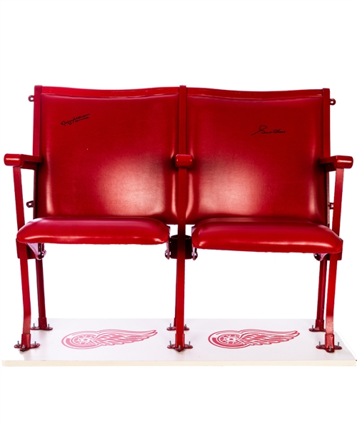 Detroit Olympia Pair or Attached Red Seats Signed by Gordie Howe and Norm Ullman Plus Detroit Olympia Framed Display (18” x 35”) 