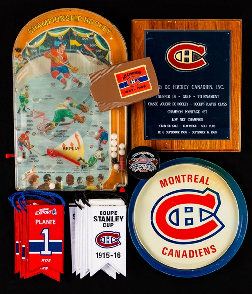 Montreal Canadiens Memorabilia Collection Including Stanley Cup and Retired Numbers Banners Sets, 1970s NHL Hockey Skate Paperweight/Bottle Opener, 1967-68 Montreal Canadiens Viewer and More!