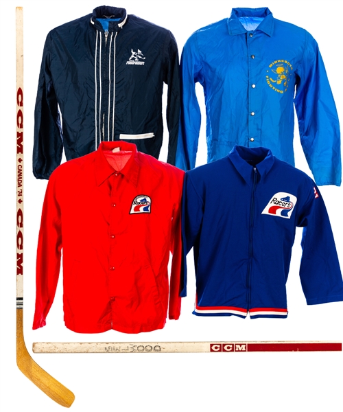 Mid-1970s WHA Indianapolis Racers Team Track Suit Plus 1970s Indianapolis Racers, Minnesota Fighting Saints and Phoenix Roadrunners (WHL) Windbreakers and Selwood 1974 Series Game Stick