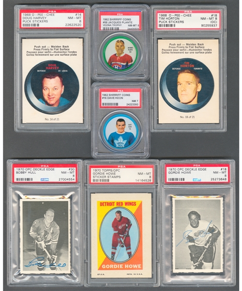 1961-63 Shirriff Coins (10), 1968-69 O-Pee-Chee Puck Stickers (8), 1970-71 O-Pee-Chee Deckle Edge Near Set (39/48), 1970-71 Topps/OPC Sticker Stamps (15) & Various Stamps (5) - Most PSA-Graded