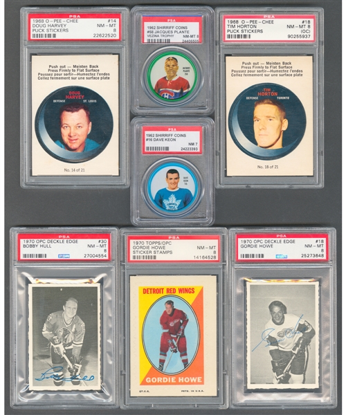 1961-63 Shirriff Coins (10), 1968-69 O-Pee-Chee Puck Stickers (8), 1970-71 O-Pee-Chee Deckle Edge Near Set (39/48), 1970-71 Topps/OPC Sticker Stamps (15) & Various Stamps (5) - Most PSA-Graded