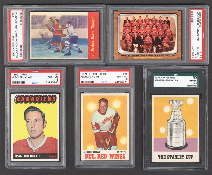 1955-56 Parkhurst #72 Rocket Roars Through (PSA 6) Plus Graded 1965-75 Topps (17), 1970-71 O-Pee-Chee (44) and 1971-79 O-Pee-Chee (8) and Ungraded Cards/Premiums (7) - Many Montreal Canadiens Cards