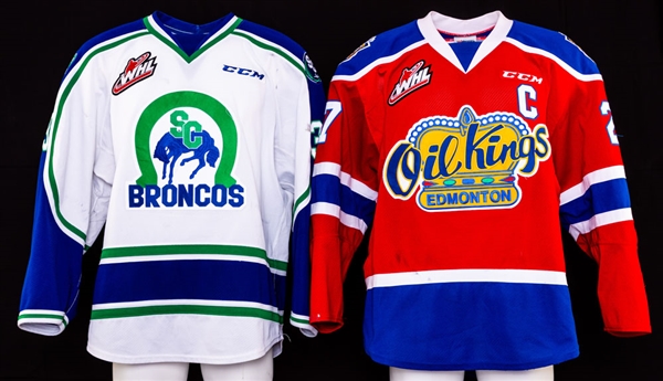 Trey Fix-Wolanskys 2018-19 WHL Edmonton Oil Kings and Alec Zawatskys 2018-19 WHL Swift Current Broncos Game-Worn Jerseys with Team LOA/COA