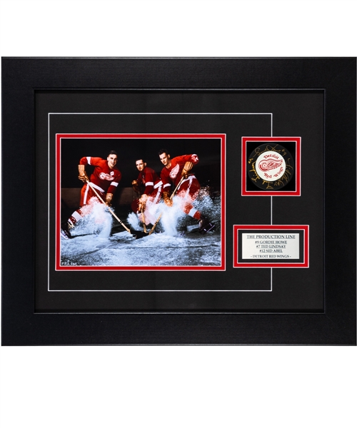 Gordie Howe, Sid Abel and Ted Lindsay "Production Line" Triple-Signed Puck Framed Display with LOA (17 ½” x 21 ½”) 