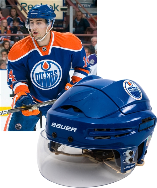 Jordan Eberle’s 2010-11 Edmonton Oilers Signed Game-Worn Rookie Season Royal Blue Bauer Helmet with Team LOA – Photo-Matched! 
