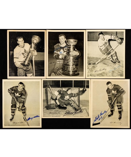 Toronto Maple Leafs 1945-54 Signed Quaker Oats Photos (48) with Numerous Deceased HOFers Including Max Bentley, Syl Apps, Ted Kennedy (8 - 5 Variations), Harry Lumley, Harry Watson and Others