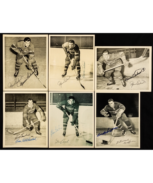 Montreal Canadiens 1945-54 Signed Quaker Oats Photos (47) with Numerous Deceased HOFers Including Maurice Richard (5 - 3 Variations), Beliveau, Lach (2), Geoffrion, Bouchard (3) and Others