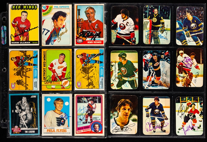 Vintage and Modern Signed Hockey Card Collection of 225+ Including Richard Bros, Esposito Bros, Hull Bros, Ullman, Delvecchio, Clarke, Bourque, Lafleur, Dionne, Beliveau, Bower, Kelly, Lach and Others