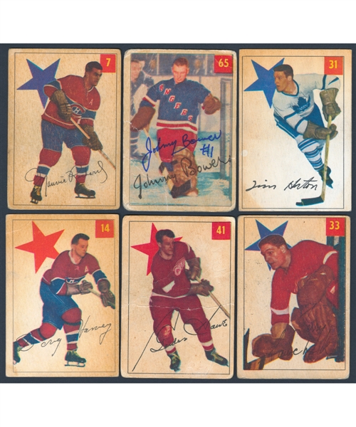 1954-55 Parkhurst Hockey Card Starter Set (68/100) Including Johnny Bower Signed Rookie Card Plus Richard, Horton, Sawchuk and Howe Cards