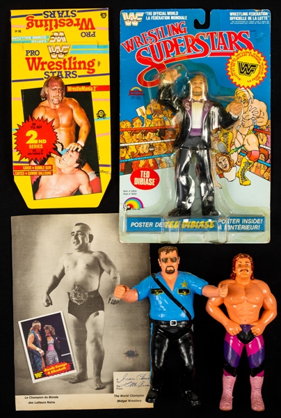 Vintage Wrestling Collection Including 1985 O-Pee-Chee Randy Savage Rookie Card, 1980s LJN Wrestling Figures (35+) Including Ted DiBiase Figure on Canadian Card, Magazines and Assorted Items