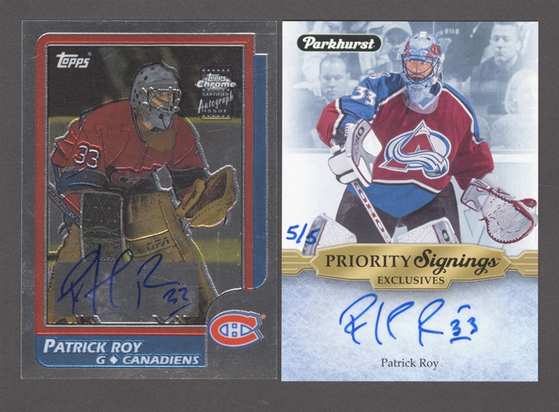 2002-03 Topps Chrome Hockey Card Patrick Roy Reprint Autographs #CTA (147/400) and 2019-20 Parkhurst Toronto Spring Expo Patrick Roy Priority Signings Exclusives #PS-PR (5/5)