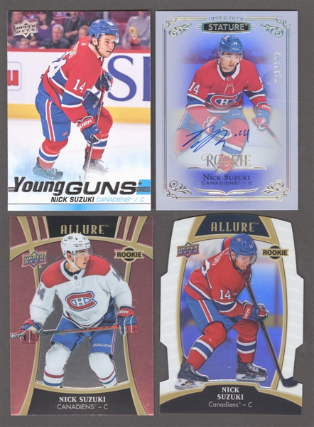 2019-20 Upper Deck Young Guns Hockey Card #471 Nick Suzuki Rookie, 2019-20 Upper Deck Stature Autographs #165 Nick Suzuki Certified Signed Hockey Card (071/199) and 2019-20 Upper Deck Allure #91 #108