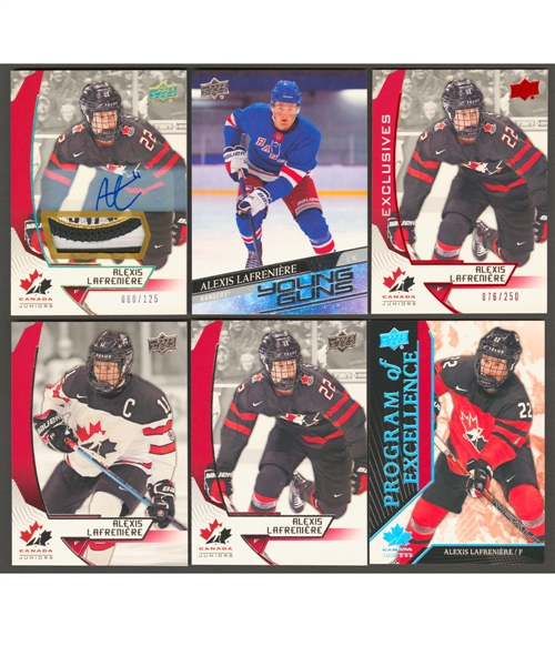 2020-21 Upper Deck Young Guns Hockey Card #201 Alexis Lafreniere Rookie, 2019-20 Upper Deck Team Canada Juniors #37 Alexis Lafreniere Autograph Patch (060/125) and UD Team Canada Juniors Cards (4)